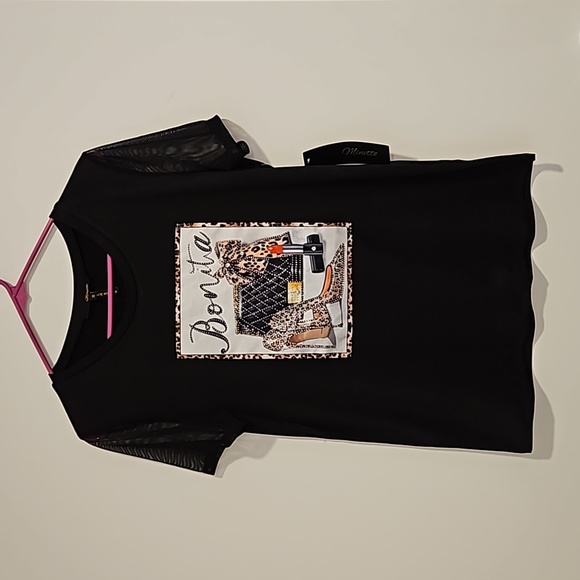 Minette Tops - BONITA black mesh short sleeve top rhinestones 1X see measurement Style Graphics